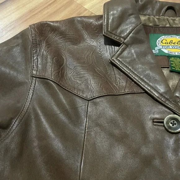 Cabela’s Brown Leather Jacket with Textured Details Sz L - Picture 6 of 12